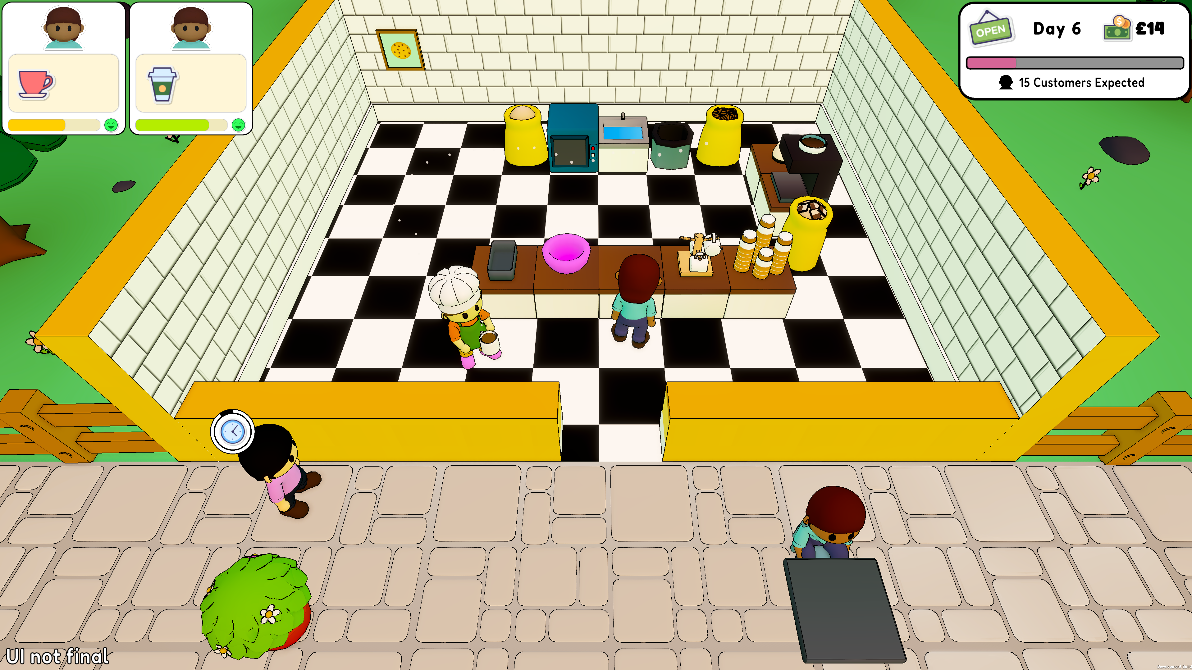 Two-player bakery with a tiled kitchen floor